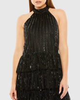 Black High Neck A-Line Ruffle Sequin Mini Dress